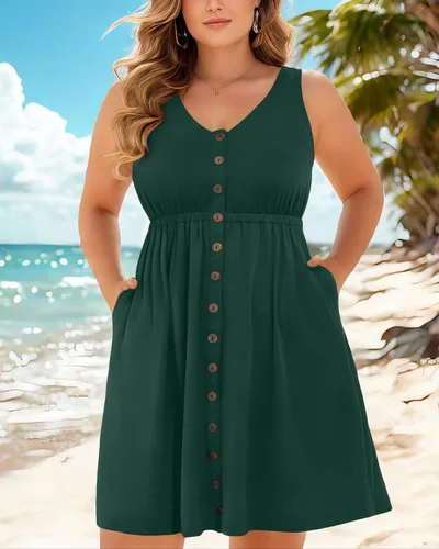Vista 13 de Holipick Vestidos de verano para mujer, talla grande, casual, con bolsillos, acampanado, con botones, sin mangas, cuello en V