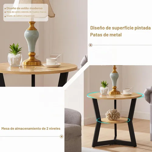 Vista 3 de Mesa auxiliar, mesa auxiliar redonda de madera para sala de estar con mesa de 2 niveles con estante de almacenamiento, diseño de soporte triangular