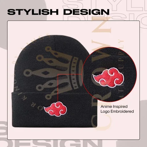 Vista 2 de Gorro de invierno de anime para hombres y mujeres, gorro de punto con puños, cómodo y suave, bordado de anime Negro