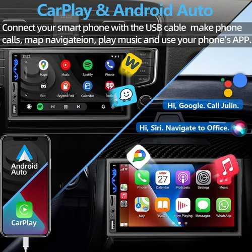 Vista 2 de Estéreo de auto de doble DIN compatible con Apple CarPlay y Android Auto - Receptores de audio de coche HD de 7 pulgadas con Bluetooth, Mirror Link