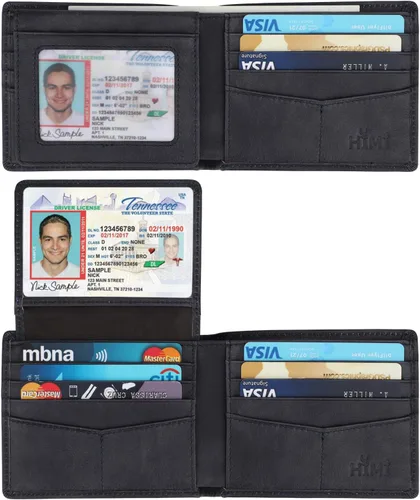 Vista 15 de Cartera de piel auténtica para hombre, con bloqueo RFID, plegable, elegante, con 2 ventanas de identificación Negro