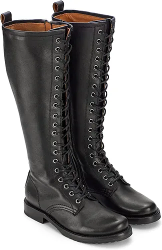 Vista 9 de Frye Veronica Botas de combate altas de 15 pulgadas para mujer, hechas de cuero de grano completo con construcción Goodyear Welt, cordones de tela