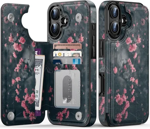 Vista 31 de FUNMIKO Funda tipo cartera para iPhone 13 con tarjetero, bloqueo RFID, protección de grado militar y obras de arte impresas con rayos UV, cierre