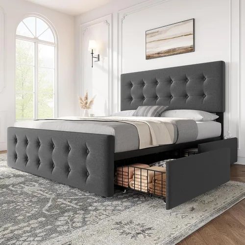 Vista 13 de IDEALHOUSE Marco de cama tamaño completo con 4 cajones de almacenamiento y cabecero, marco de cama plataforma tapizada en cuero sintético con Beige