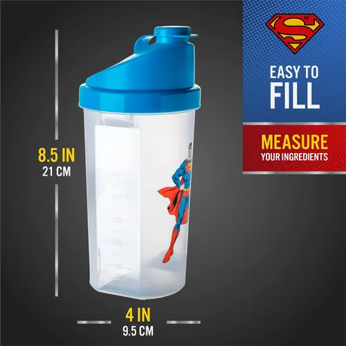 Vista 6 de Paladone Superman - Botella mezcladora de proteínas, 23 onzas, vaso mezclador DC Comics Rejilla mezcladora y bola agitadora, tiene capacidad