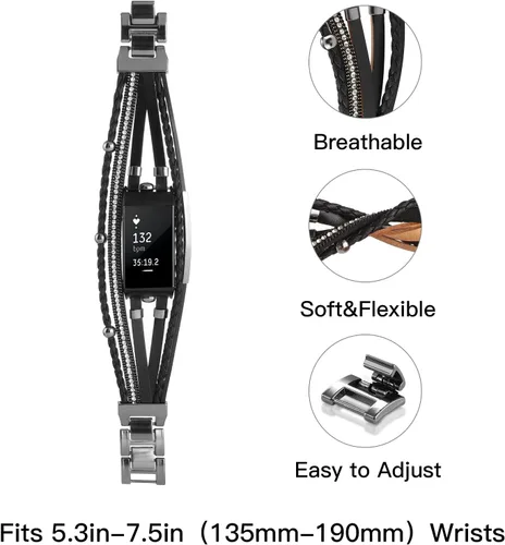 Vista 4 de Elegante correa de cuero compatible con Fitbit Charge 4 Charge 3, pulseras bohemias para mujer, pulseras de joyería multicapa de repuesto para Negro