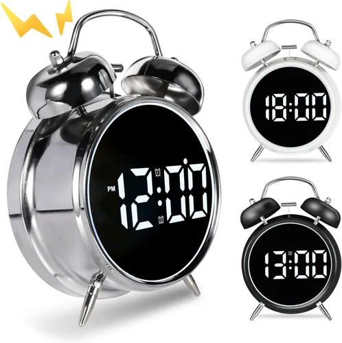 Vista 2 de Reloj despertador extra fuerte para adultos, adolescentes, niños, bonito metal retro, antiguo con campanas gemelas, funciona con pilas o enchufe