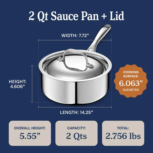 Vista 6 de LEGEND COOKWARE Cacerola de acero inoxidable de 5 capas de 2 cuartos de galón con tapa, compatible con inducción, apta para horno a 800 °F,