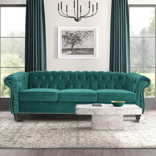 Vista 10 de ONCIN Sofá Chesterfield de terciopelo, moderno sofá de 3 plazas copetudo de 84 pulgadas con brazos de desplazamiento y patas de madera para sala