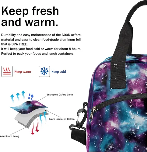Vista 6 de Pardick Bolsa de almuerzo aislada con diseño de galaxia colorida para mujeres y hombres y adultos, con purpurina, grande, hielera, térmica A01