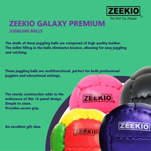 Vista 3 de Zeekio Galaxy Malabares - Pelotas de cuero genuino de 12 paneles de primera calidad, 4.59 oz, 2.638 in, paquete de 3 (negro)