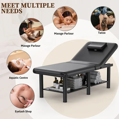 Vista 8 de Mesa de masaje plegable estacionaria, mesa de tratamiento con respaldo ajustable y gran espacio de almacenamiento, amplia mesa de masaje con marco