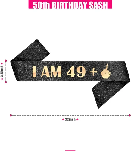 Vista 3 de PartyForever Cinta decorativa de cumpleaños número 50 para mujer, I AM 49 Plus, 1 dedo medio, negro, 32 pulgadas de largo con letras de oro rosa
