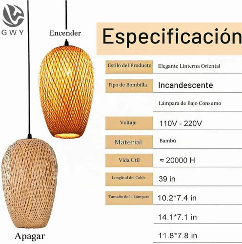 Vista 3 de GWY Lámpara colgante de farol de bambú, estilo japonés retro E27, lámpara colgante de techo para sala de estar, dormitorio, restaurante, cafetería