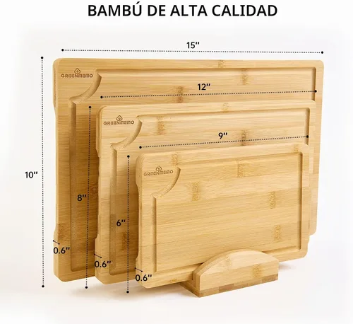 Vista 2 de Tablas de cortar de bambú para cocina, tabla de cortar de madera con soporte, juego de tablas de cortar de bambú reversible con ranuras para jugo