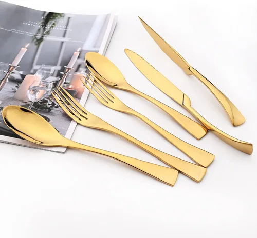 Vista 2 de Juego de cubiertos de 24 piezas, espejo de acero inoxidable 18/10, servicio de vajilla de lujo para 4, cuchillo de carne, postre, accesorios para Oro