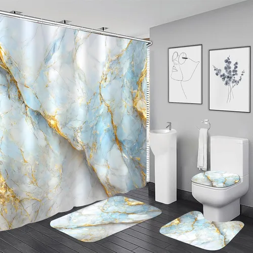 Vista 15 de Nkzply Juego de 4 Piezas de Cortinas de Ducha de Mármol Negro con Alfombras, Juegos de Baño Dorados con Cortina de Ducha y Alfombras, Accesorios