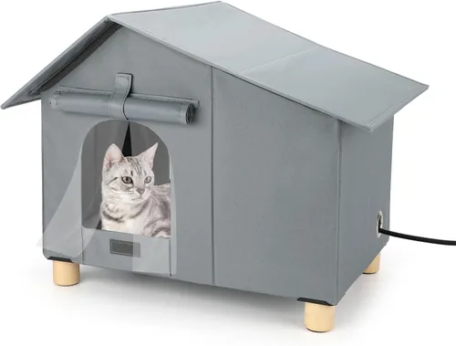 Vista 10 de Casa Grande con Calefacción para Gatos de Exterior, Casa Elevada para Gatos al Aire Libre Resistente a la Intemperie con Almohadilla Térmica