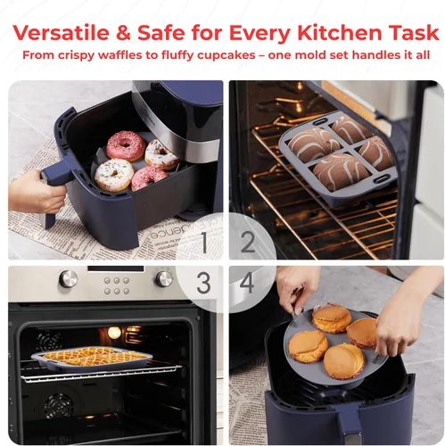 Vista 4 de EM Juego de horneado de 4 piezas de forros de silicona para freidora de aire para pasteles, donas, gofres y brownies - Moldes de silicona