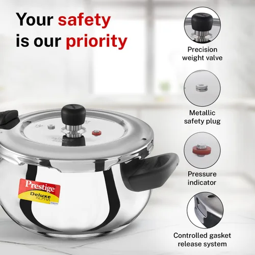 Vista 6 de Prestige Deluxe Alpha Svachh - Olla a presión de acero inoxidable con base Alpha y tapa profunda para control de derrames, (4.0 L Junior Handi)