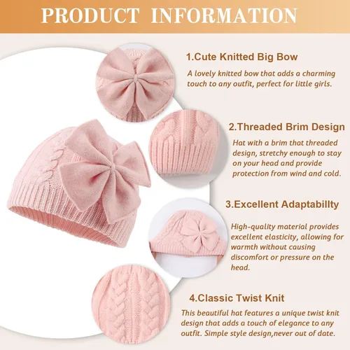 Vista 4 de Gorro de punto cálido de invierno para niñas con forro de algodón para bebés y niñas