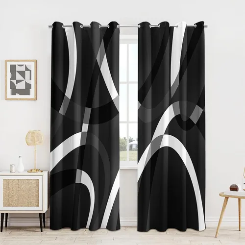 Vista 2 de weesire Cortinas opacas modernas para dormitorio, sala de estar, 2 paneles, 100% opacas, cortinas con patrón circular blanco y negro, cortinas