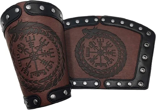 Vista 2 de JAOYU Brazaletes de cuero para hombre, armadura de brazo, brazalete de guantelete, brazaletes medievales, joyería vikinga para mujer, disfraz