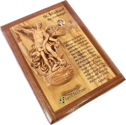 Vista 4 de Escultura genérica de San Miguel para colgar en la pared, madera de olivo, San Miguel Arcángel hecho en Tierra Santa, decoración religiosa