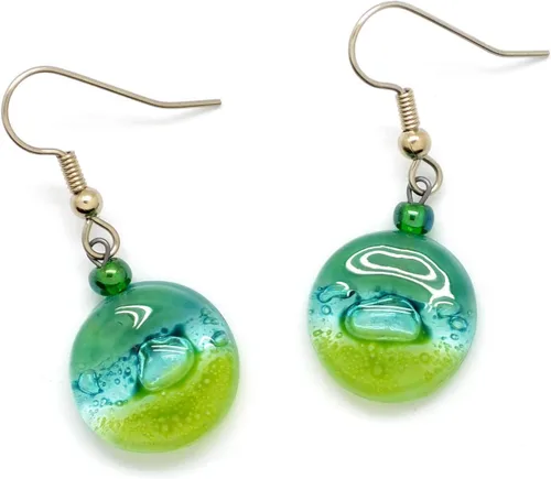Vista 2 de Tiny Round Lime Green and Jade Green Fused Glass Drop Earrings - Fair Trade