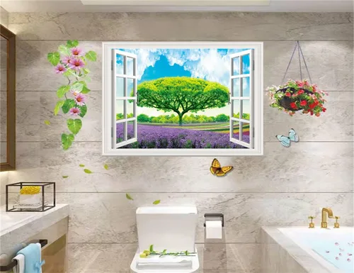 Vista 4 de Pintura autoadhesiva 3D, calcomanías de pared falsas para ventana, isla tropical con palmeras, mural de pared, vista de ventana, decoración de pared