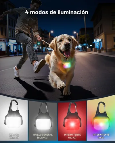 Vista 2 de Paquete de 2 luces para collar de perro, luces para perros para caminar por la noche, 4 modos, luz impermeable para perros con clip recargable RGB