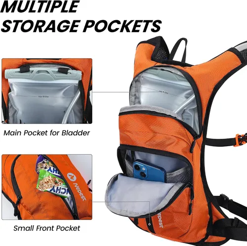 Vista 4 de Nepest Hydration Pack Backpack for Women & Men, Lightweight Water Backpack with 2L Water Bladder for Hiking Cycling Running Biking Naranja