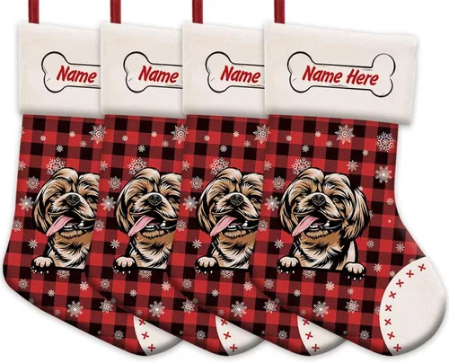 Vista 53 de Foto personalizada, Feliz Navidad, búfalo rojo, a cuadros, feliz perro, calcetín de Navidad, copo de nieve, decoración de vacaciones, calcetín