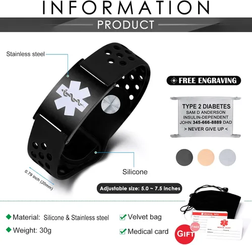 Vista 2 de Pulsera de alerta médica personalizada para mujeres y hombres, pulseras de identificación médica deportiva de silicona con grabado gratuito, pulsera