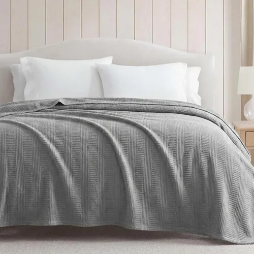 Vista 3 de Nautica - Manta tamaño Queen, ropa de cama tejida de algodón texturizado, ideal para cama o sofá, certificado Oeko-Tex (rayas grises)