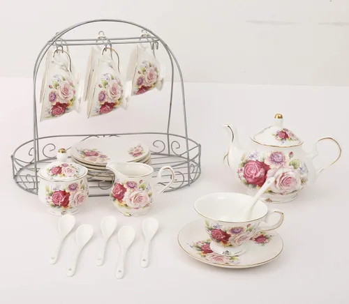 Vista 2 de Juegos de té de cerámica europeos de 15 piezas,Juego de café de porcelana de hueso con soporte de metal,Colorida rosa pintura calabaza café té