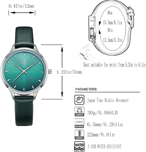 Vista 2 de SK - Reloj de pulsera para mujer, correa de piel, de cuarzo, reloj de lujo japonés de cuarzo.