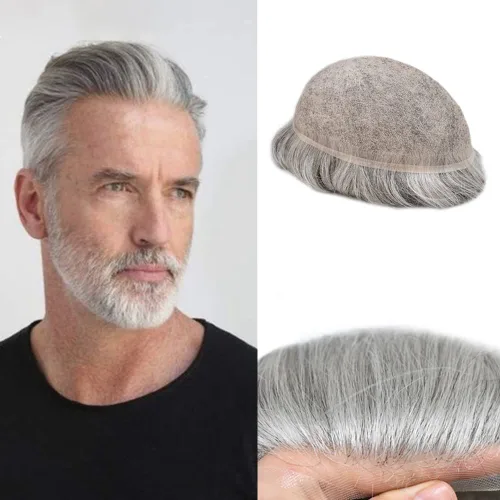 Vista 65 de Completo suizo encaje tupé para hombres pieza de pelo real sistema de reemplazo de cabello humano para hombres Toupee Hairpieces para hombres 7x9