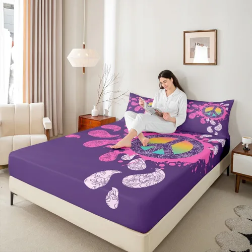 Vista 3 de Erosebridal - Juego de sábanas hippie para niños, tamaño doble, diseño de signo de la paz púrpura, sábana bajera bohemia, exótica para niños