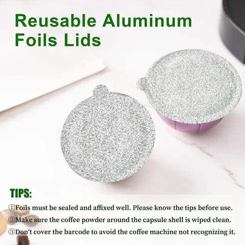 Vista 4 de Clinuse Tapas de aluminio con sellos para cápsulas Nespresso Vertuo, 100 piezas reutilizables, compatibles con Nespresso Vertuoline Vertuo