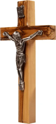 Vista 4 de Crucifixión con cruz tallada en madera de olivo hecha a mano de Jesús INRI de Tierra Santa Jerusalén bendito recuerdo cristiano regalo decoración