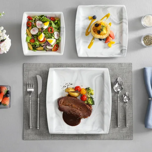 Vista 7 de MALACASA Juego de platos y cuencos, juego de vajilla de porcelana de 12 piezas para 4, platos cuadrados y cuencos para postre, ensalada y sopa