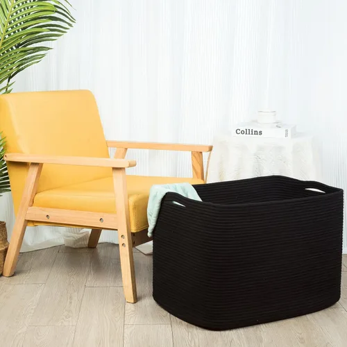 Vista 4 de MINTWOOD Design 112L Canasta Extra Grande para Mantas con Soporte para Sala de Estar, 25"x17"x16" Canasta de Almacenamiento de Cuerda Tejida
