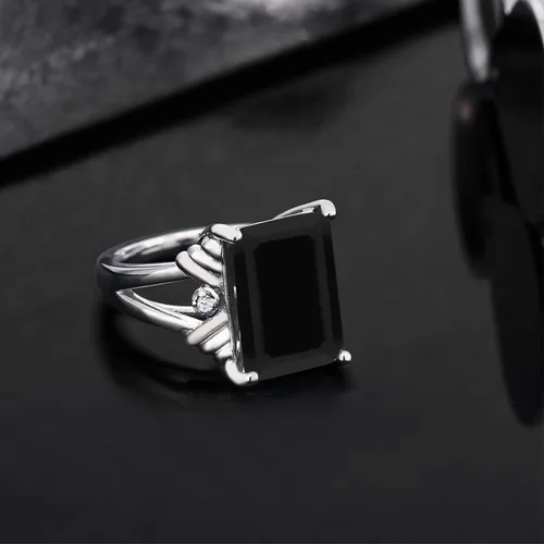 Vista 4 de Gem Stone King Anillo de compromiso de mujer de plata de ley 925 con ónix negro y zafiro blanco 739 quilates de piedras preciosas de corte esmeralda
