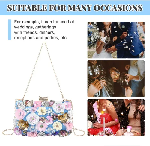 Vista 7 de Bolsos de noche florales para mujer, bolsos de mano con diamantes de imitación coloridos, bolso floral para novia, boda, bolso de hombro con cadena