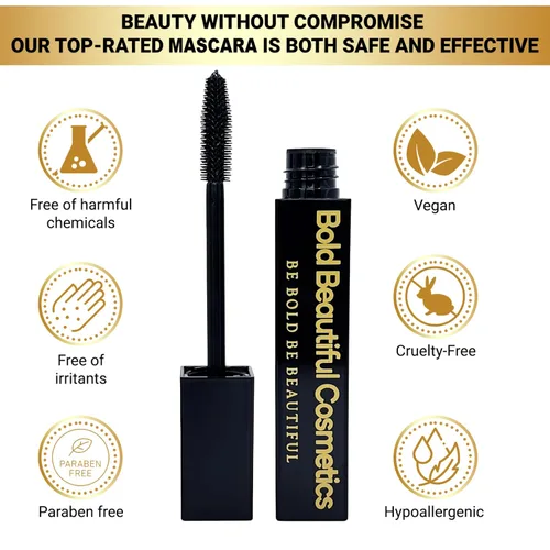 Vista 3 de Máscara negra voluminizadora y alargadora de Bold Beautiful Cosmetics define y amplifica tus pestañas todo el día