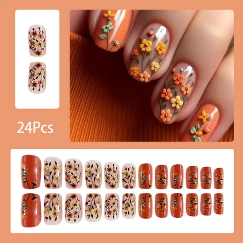 Vista 2 de Juego de 24 uñas postizas cuadradas cortas a presión, 3D, para primavera y verano, reutilizables, color naranja, uñas postizas a presión, lindas