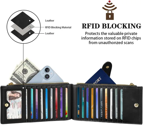 Vista 2 de Billetera de mujer con bloqueo RFID de gran capacidad, organizador multitarjetas, billetera plegable para mujer con bolsillo con cremallera