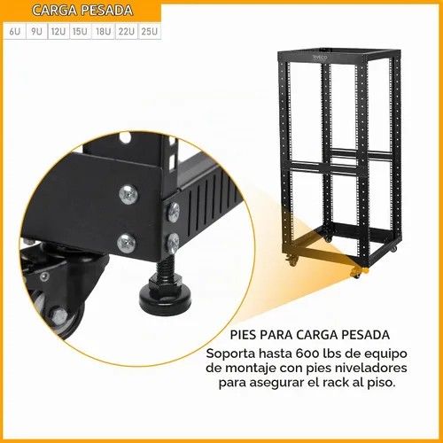 Vista 5 de RIVECO Estante de servidor de marco abierto de 6U con ruedas: montaje rápido de 4 postes para uso pesado, soporte de 19 pulgadas, gabinete de 600 KG
