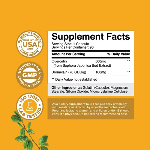 Vista 2 de Paquete de quercetina pura con suplemento de bromelina + cápsulas de 500 mg para apoyo inmunológico y respiración y zinc de 50 mg – Mejora